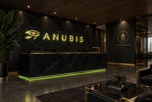 Reception: brass letters, the eye, a lime line